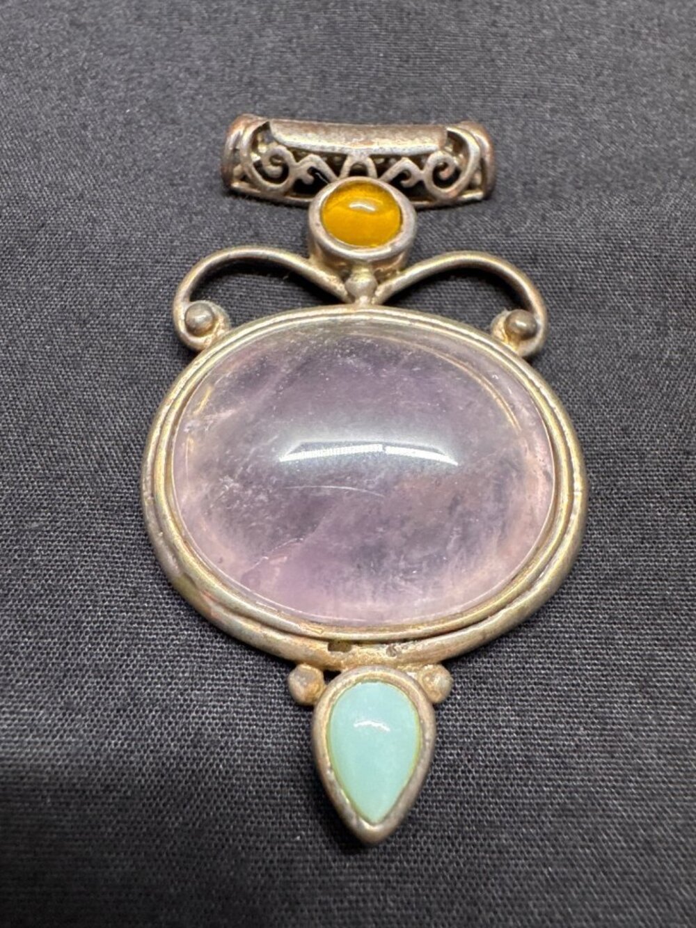 Vintage Gemstone Pendant With Amethyst Turquoise & Amber Accents Ornate Silver S